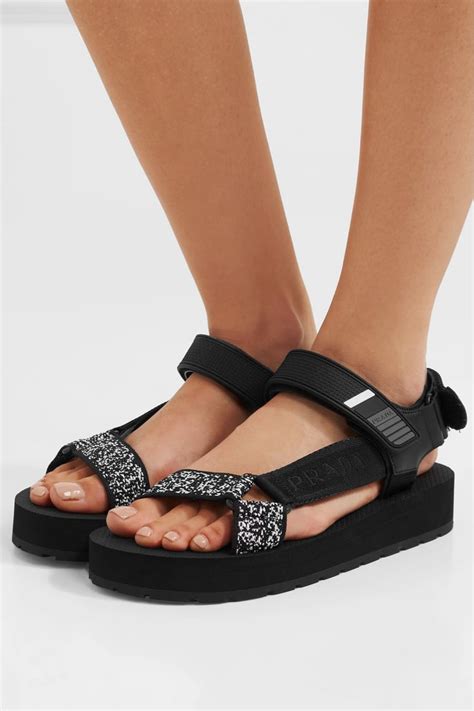 prada logo embossed rubber trimmed leather and canvas sandals|prada platform sandals.